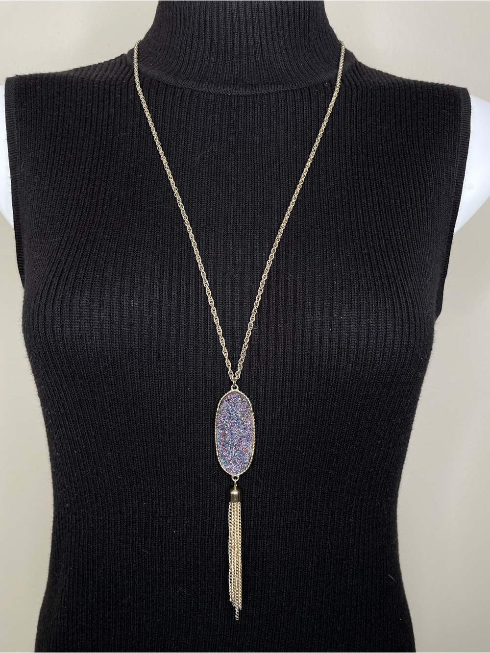 Gold Long Tassel Pendant Necklace with Iridescent Druzy Oval - Women Jewelry